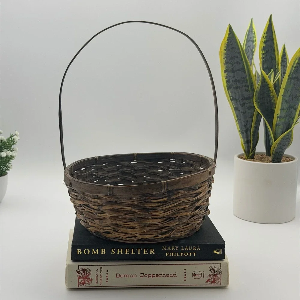 Vintage Woven Wood Round Basket with Tall Handle Brown Rustic Farmhouse Decor